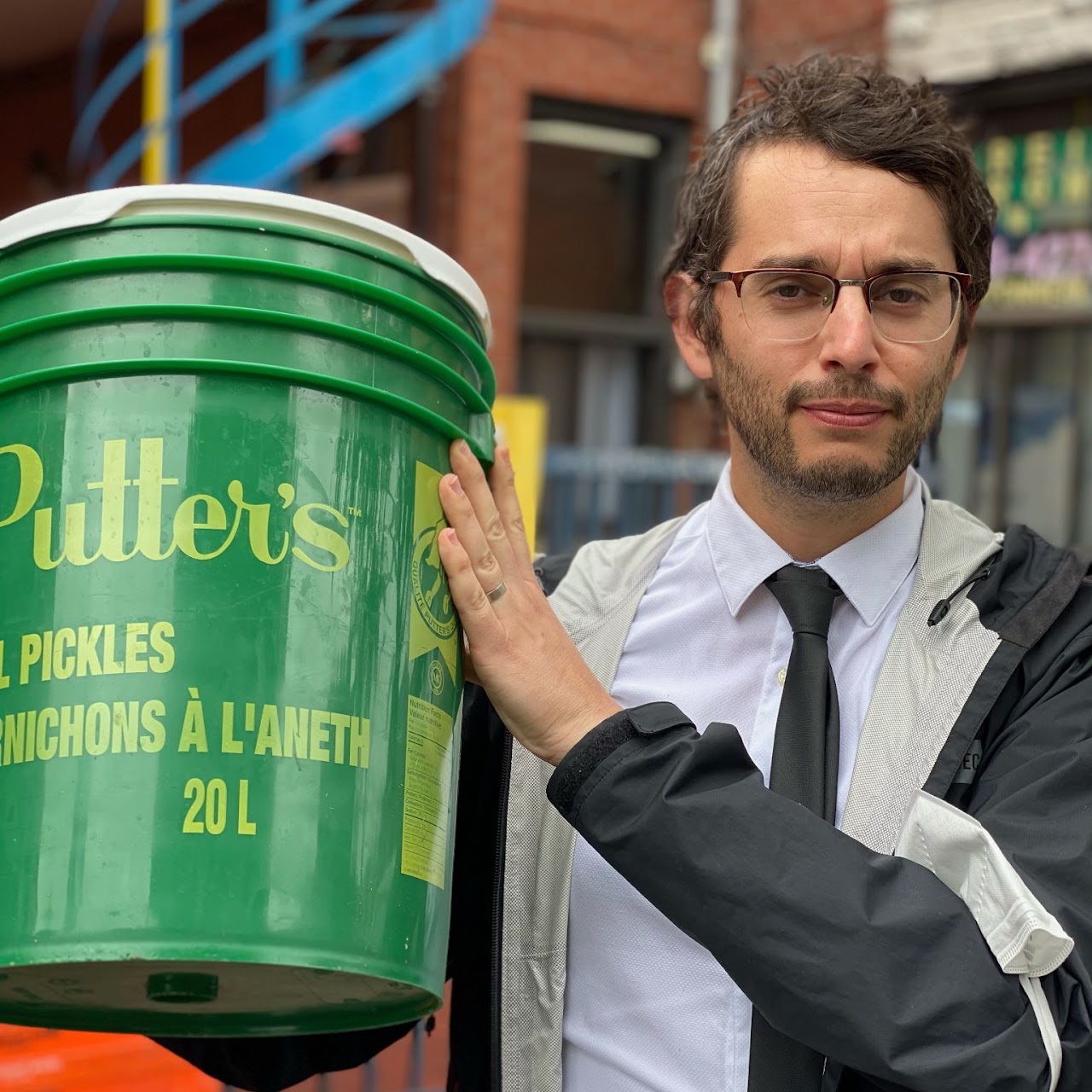 Brian Kom with a barrel of pickles